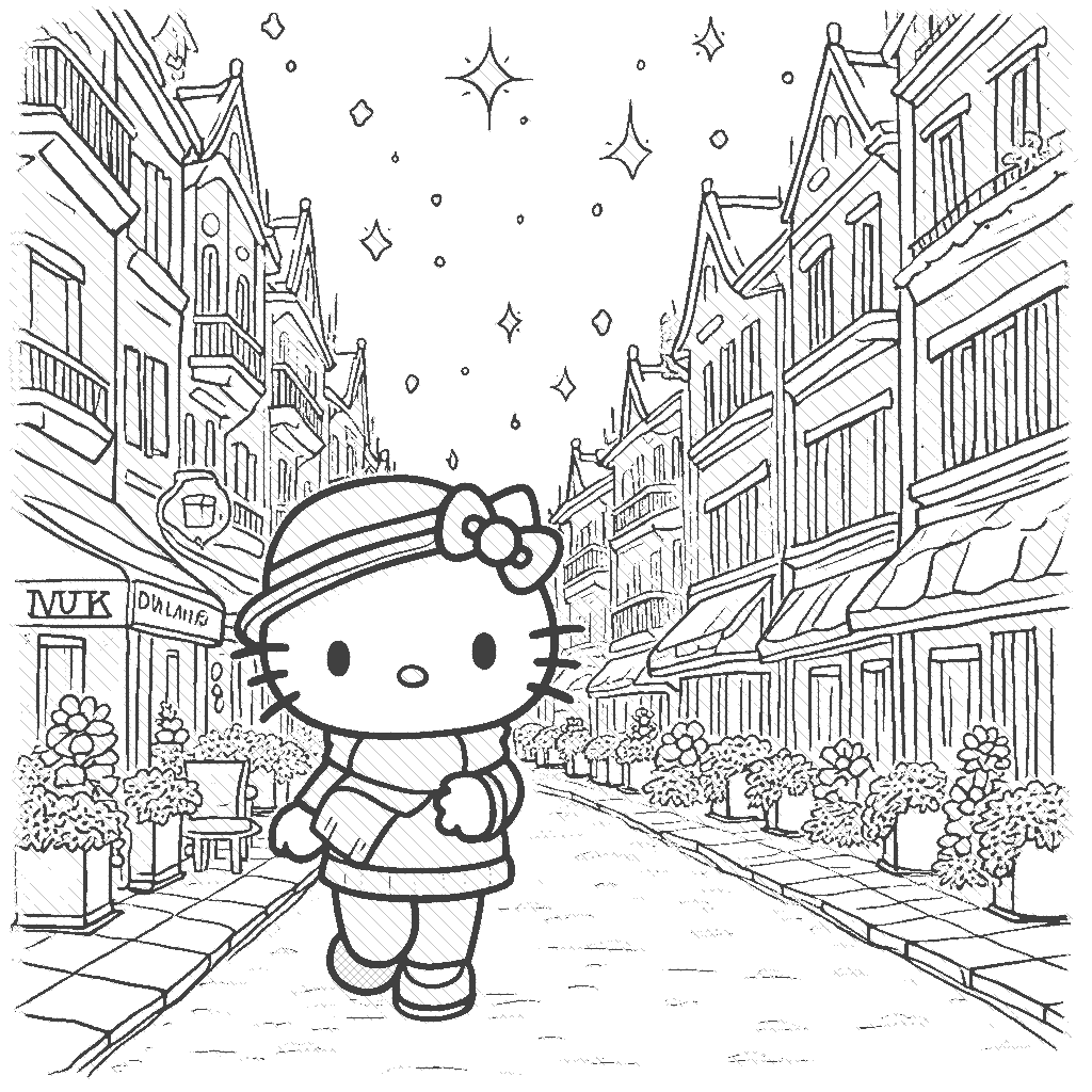 Coloring Page: Hello Kitty's Evening City Stroll - A charming night scene of Hello Kitty walking through a beautifully lit city. She is wearing a cute hat and scarf, admiring the city lights and decorations. The streets are lined with cafes, and there are twinkling stars in the sky above.