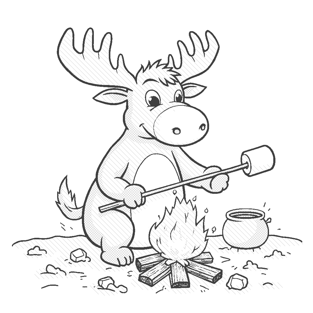 Coloring Page: Moose Marshmallow Treats - A cute moose roasting marshmallows over a small fire, with mushrooms around the clearing, their caps colored like marshmallows in pink, white, and brown.