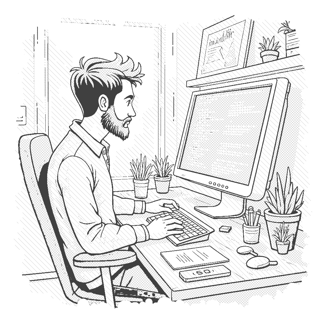 Coloring Page: Computer Scientist at Work - A computer scientist immersed in coding on a futuristic computer. The screen displays colorful lines of code, while gadgets and tools are scattered around the workspace.