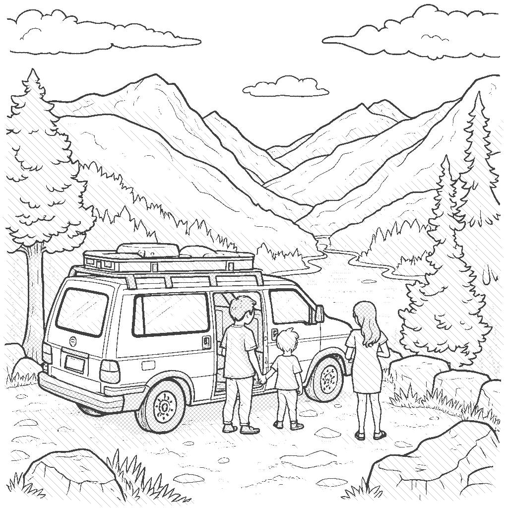 Coloring Page: Minivan Family Trip - A minivan is parked at a scenic overlook, with a family getting out to enjoy the view of mountains and a river below.