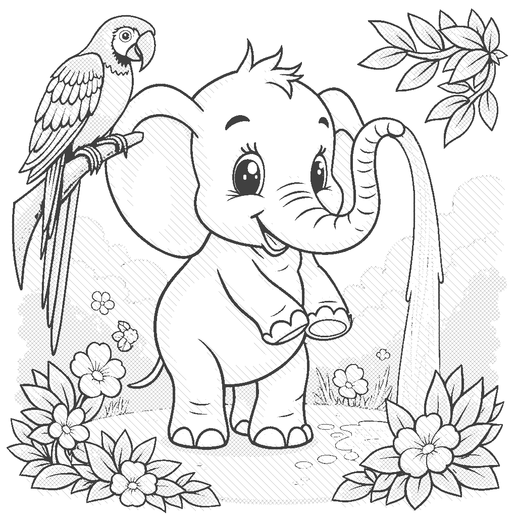 Coloring Page: Elephant's Water Splash - A playful elephant spraying water from its trunk, surrounded by lush greenery. A colorful parrot is perched on a nearby branch watching the fun.