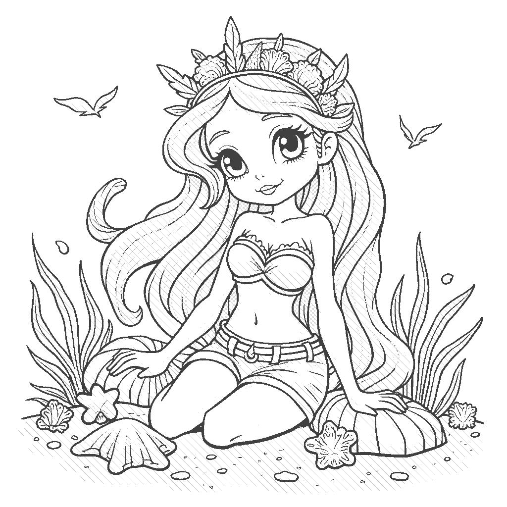 Coloring Page: Seaside Princess - A beachy princess with seashell accessories, relaxing on the shore with gentle waves lapping at her toes and a bright sun shining above.