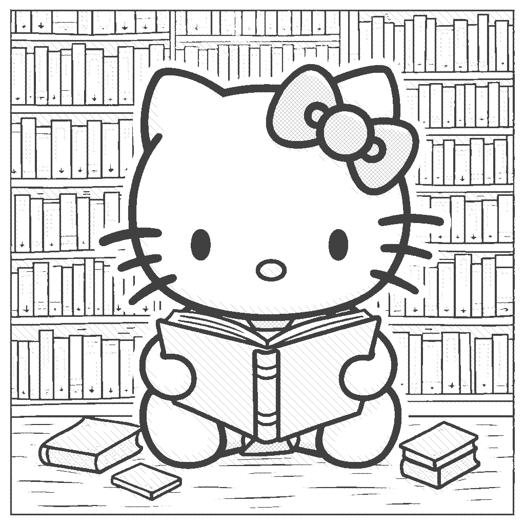 Coloring Page: Hello Kitty in Library - Hello Kitty reading a giant storybook in a cozy library, with colorful bookshelves filled with vibrant book covers and a bright reading lamp.