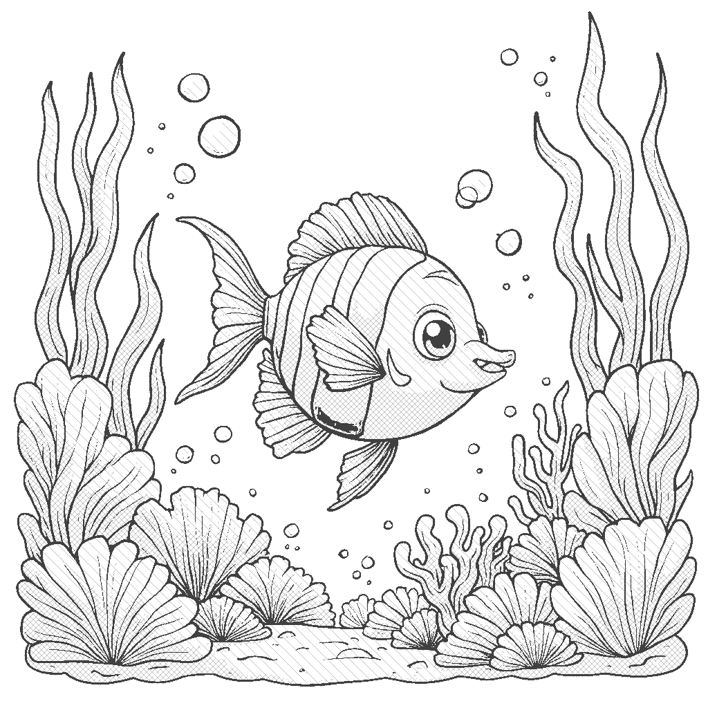 Coloring Page: A Fish's Underwater Dance - A colorful fish swimming gracefully through a coral reef, surrounded by vibrant marine life and seaweed. Bubbles trail behind him as he glides among the coral and colorful sea creatures, bringing the underwater world to life.