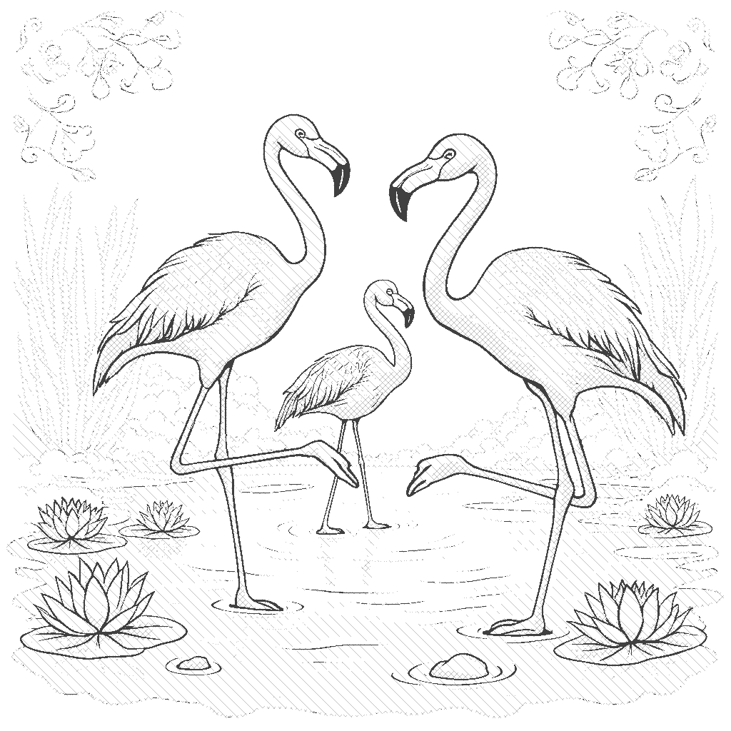 Coloring Page: Flamingo Yoga Day - A group of flamingos practicing yoga poses in a serene pond setting, balancing on one leg. Colorful lotus flowers float around them and a gentle breeze ripples the water.