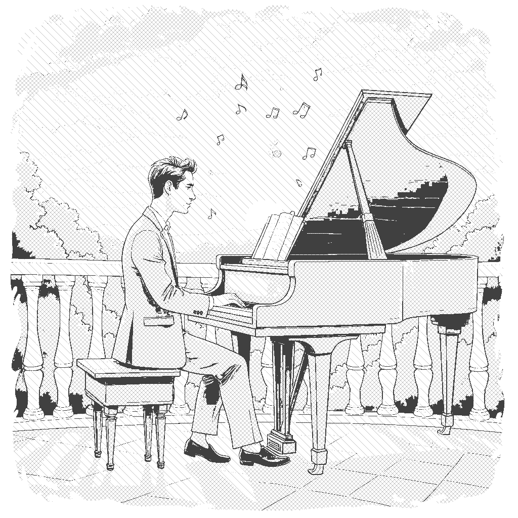 Coloring Page: Piano at Dusk - A classical pianist elegantly playing a grand piano on a balcony during sunset. The sky is filled with vibrant colors, and musical notes float in the air around him.