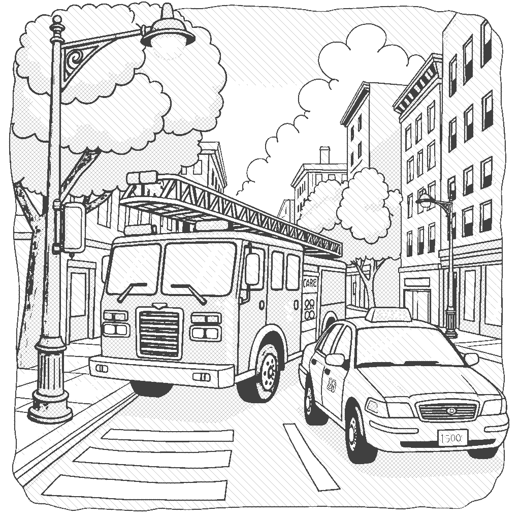 Coloring Page: A Busy Intersection - Illustrate a bustling city intersection where a bright red fire engine is responding to an emergency with its sirens blaring, while a yellow taxi cab waits at a stoplight, curious about the action.