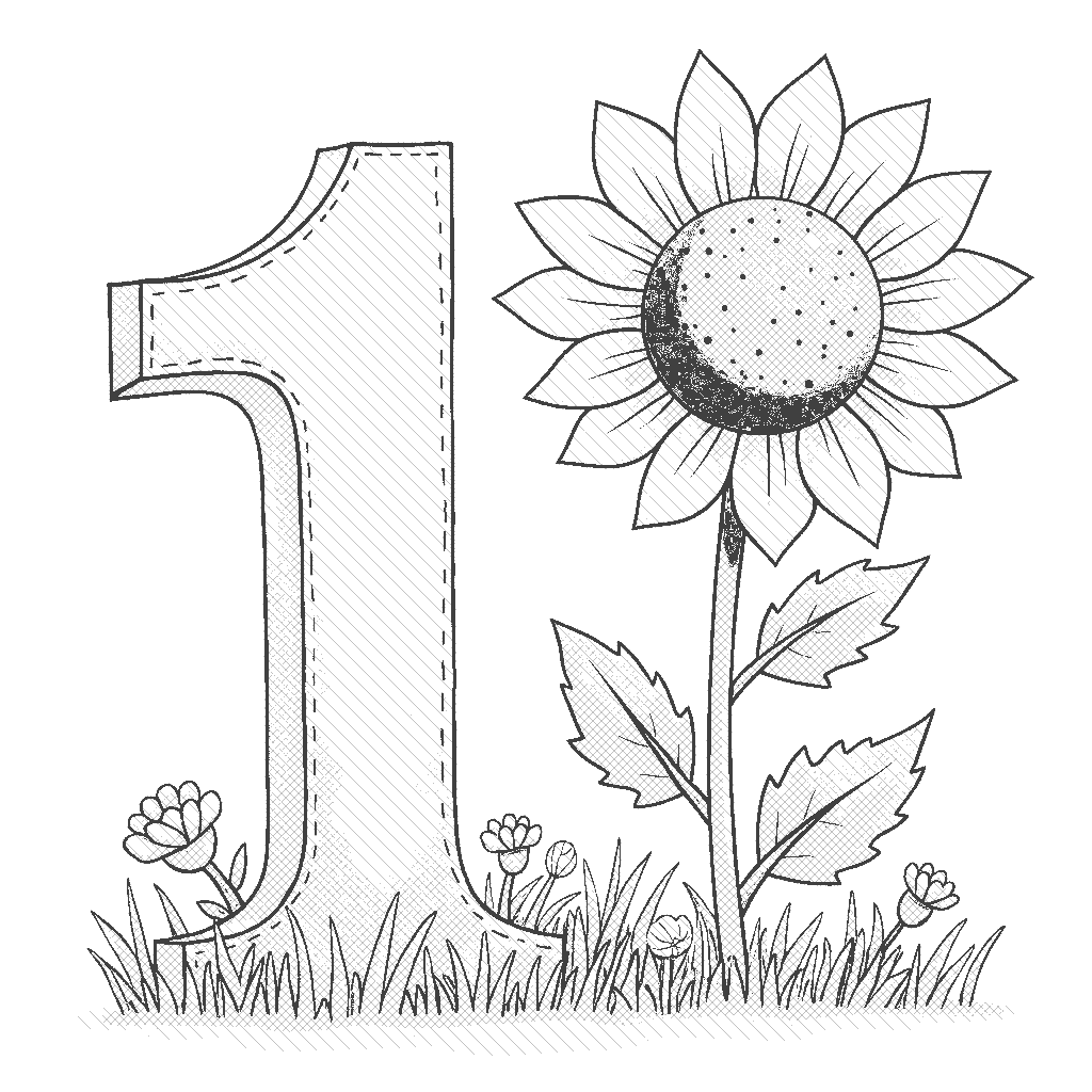 Coloring Page: Number 1 with a Sunflower - Draw the number 1 accompanied by 1 vibrant sunflower standing tall and proud next to the digit.