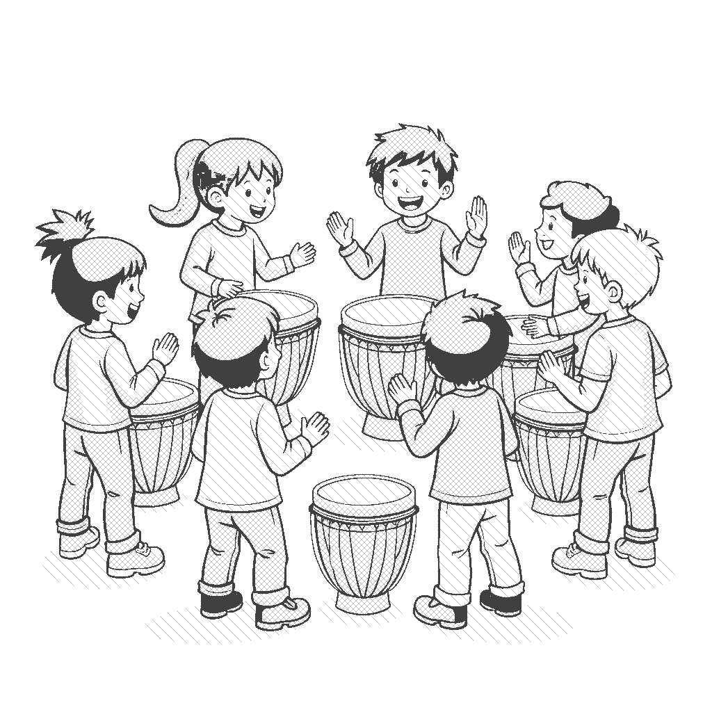 Coloring Page: Drum Circle Fun - A group of children playing various drums in a circle, with one child leading the rhythm and everyone smiling and clapping along.