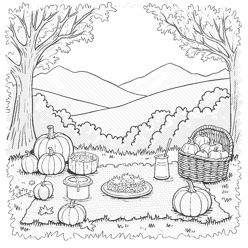 Coloring Page: Autumn Picnic Vibes - A picturesque picnic setup with a blanket covered in seasonal treats like apples, cider, and pumpkin bread, nestled under a tree.