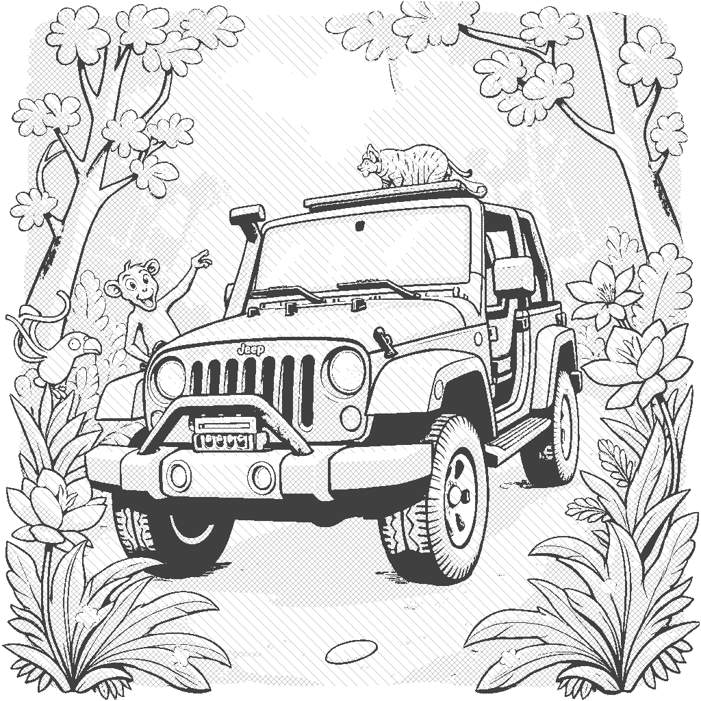 Coloring Page: Jungle Jeep Adventure - A rugged jeep navigating through a dense jungle path, with vivid tropical plants and curious animals peeking through the foliage.