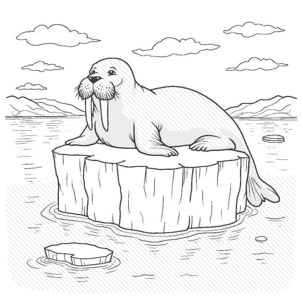 Coloring Page: Walrus on an Iceberg - A walrus resting on an iceberg in the Arctic, surrounded by the ocean and distant ice floes.