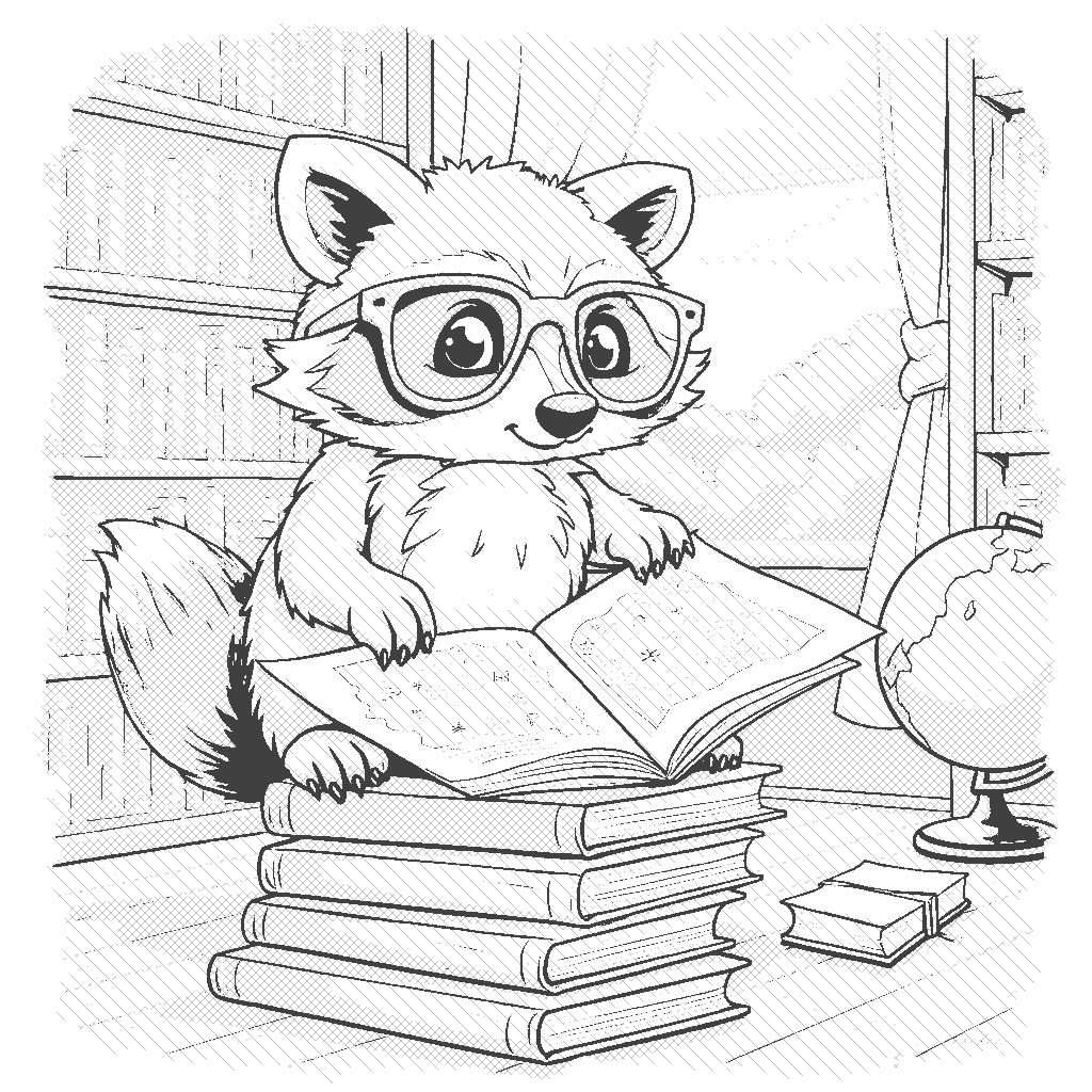 Coloring Page: Raccoon in the Library - A curious raccoon wearing reading glasses, sitting on a stack of books in a cozy library, looking at a map of the stars while surrounded by bookshelves and a globe.