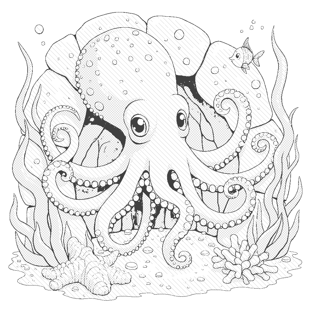 Coloring Page: Octopus Hideout - An inquisitive octopus peeking out from its rocky den, its tentacles playfully exploring the surrounding seaweed. Tiny fish dart around, curious about their eight-armed neighbor.