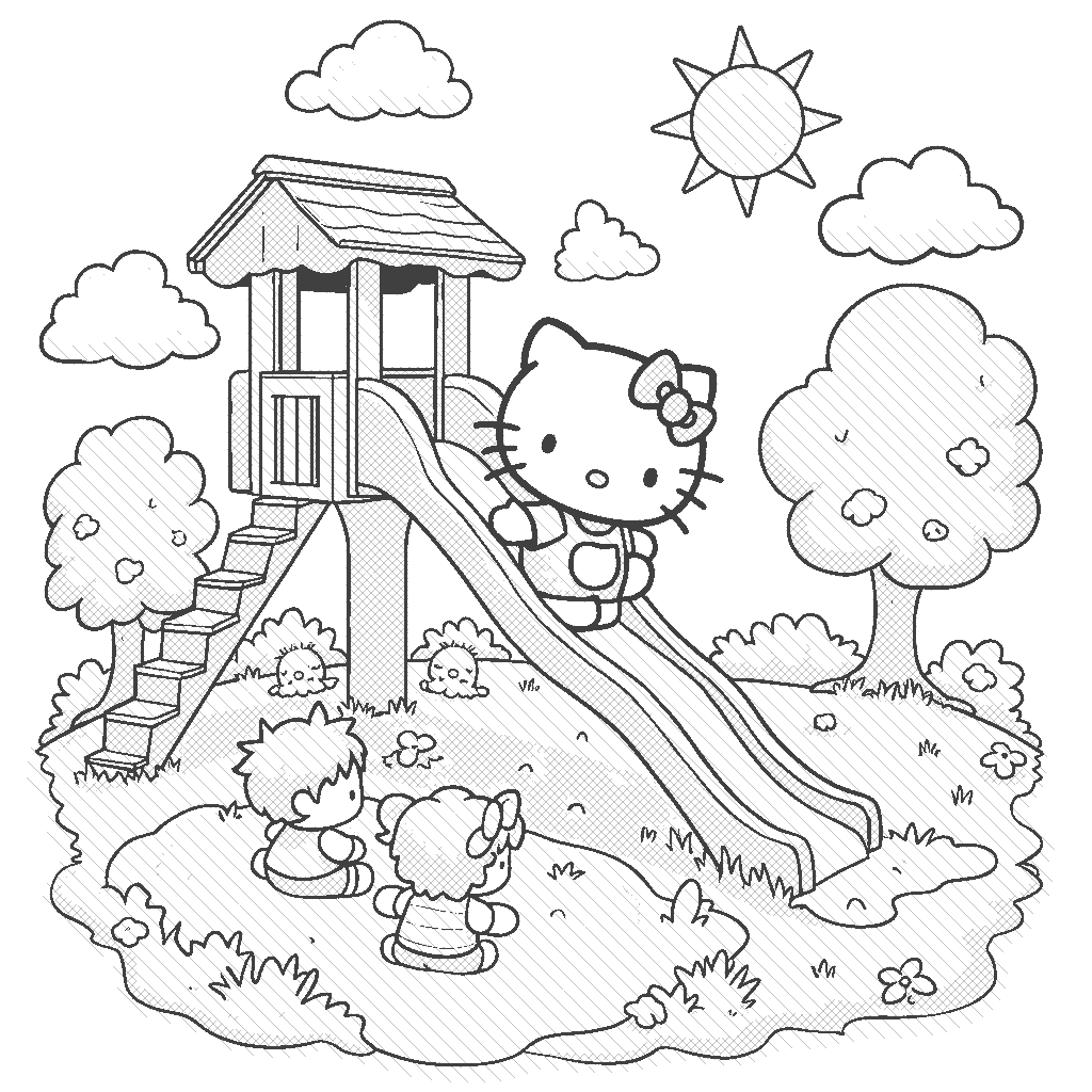 Coloring Page: Hello Kitty on the Slide - Create a scene where Hello Kitty is sliding down a big, colorful slide. She is laughing joyfully as she reaches the bottom. Surround the slide with trees, a sandbox with children playing, and a bright sun shining in the sky.