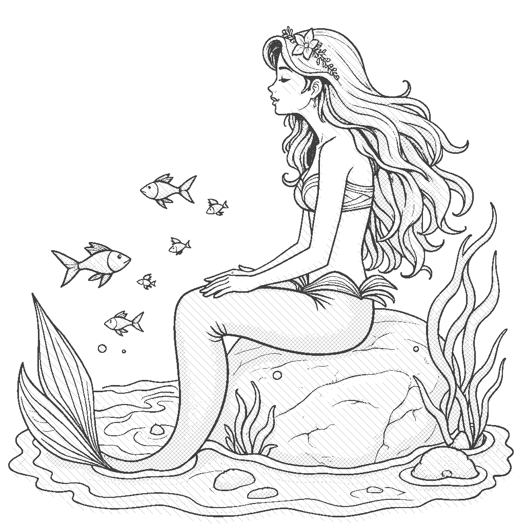 Coloring Page: Mermaid's Lullaby - A serene mermaid sits on a rock, singing to the ocean. Her long hair flows with the water currents while small fish gather around her, enchanted by her voice.