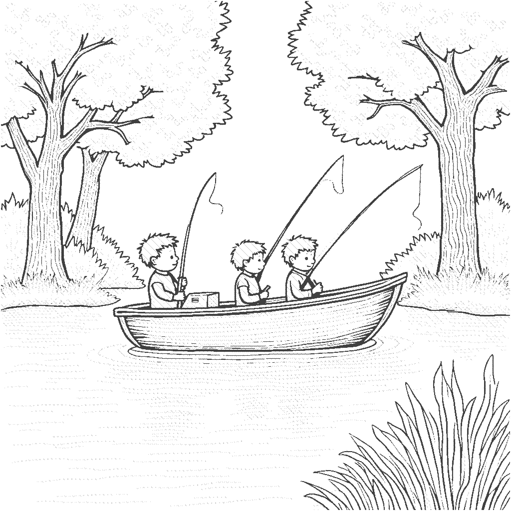 Coloring Page: River Adventure - A fishing boat gently floating on a calm river, surrounded by tall trees. A couple of children are sitting in the boat, each holding a fishing rod, excitedly waiting for a catch. Sunlight filters through the leaves, creating dappled patterns on the water's surface.