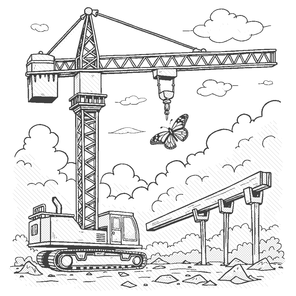 Coloring Page: Cranes in the Sky - A tall crane is lifting a large beam into place on a construction site. A colorful butterfly is fluttering around the crane, adding a touch of nature to the scene.