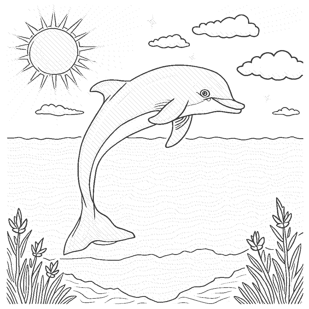 Coloring Page: Dolphin Dancing in the Sun - A joyful dolphin jumping out of sparkling blue ocean waves, under a bright sunny sky with fluffy white clouds. The water splashes around with shades of turquoise and aqua.