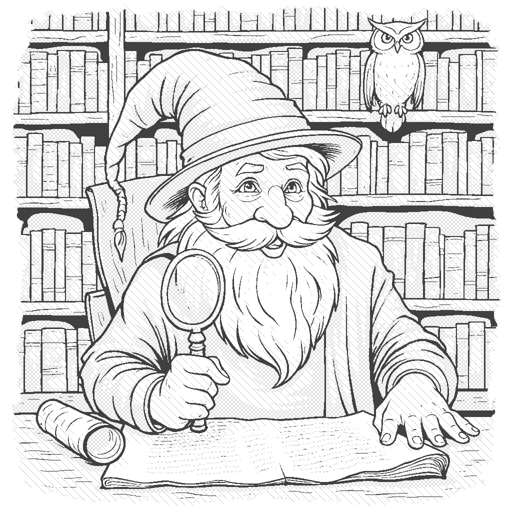 Coloring Page: The Historian's Book Discovery - A wise historian is sitting in a cozy library, surrounded by tall shelves of books. They are uncovering an ancient scroll, with a magnifying glass in hand, while a small owl watches attentively from above.