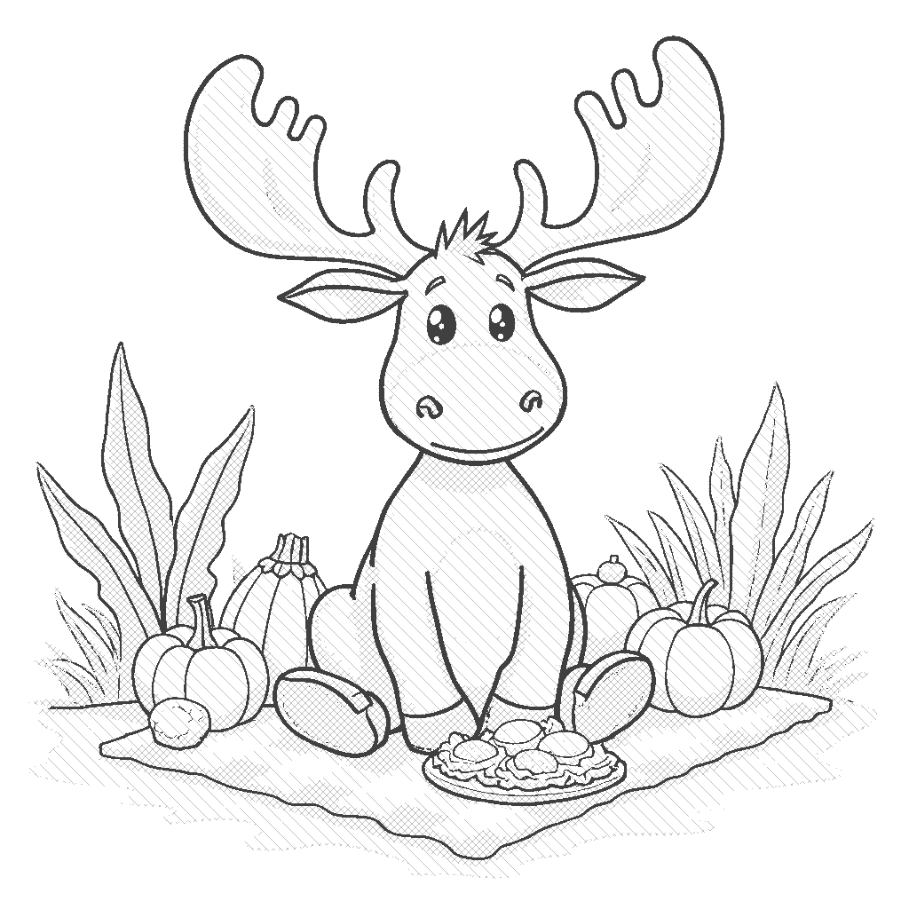 Coloring Page: Moose Picnic - A cute moose sitting on a picnic blanket made of bark, surrounded by bright orange and purple mushrooms serving as picnic dishes, under a sunny sky with fluffy clouds.