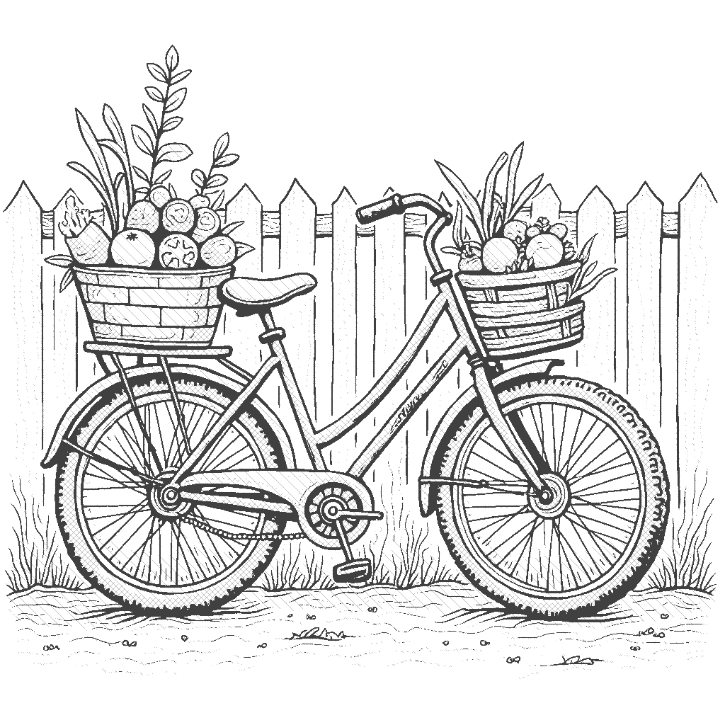 Coloring Page: Bicycle Bonanza - A bike leaning against a fence, decorated with a basket full of pumpkins and sunflowers, surrounded by a flurry of falling leaves.