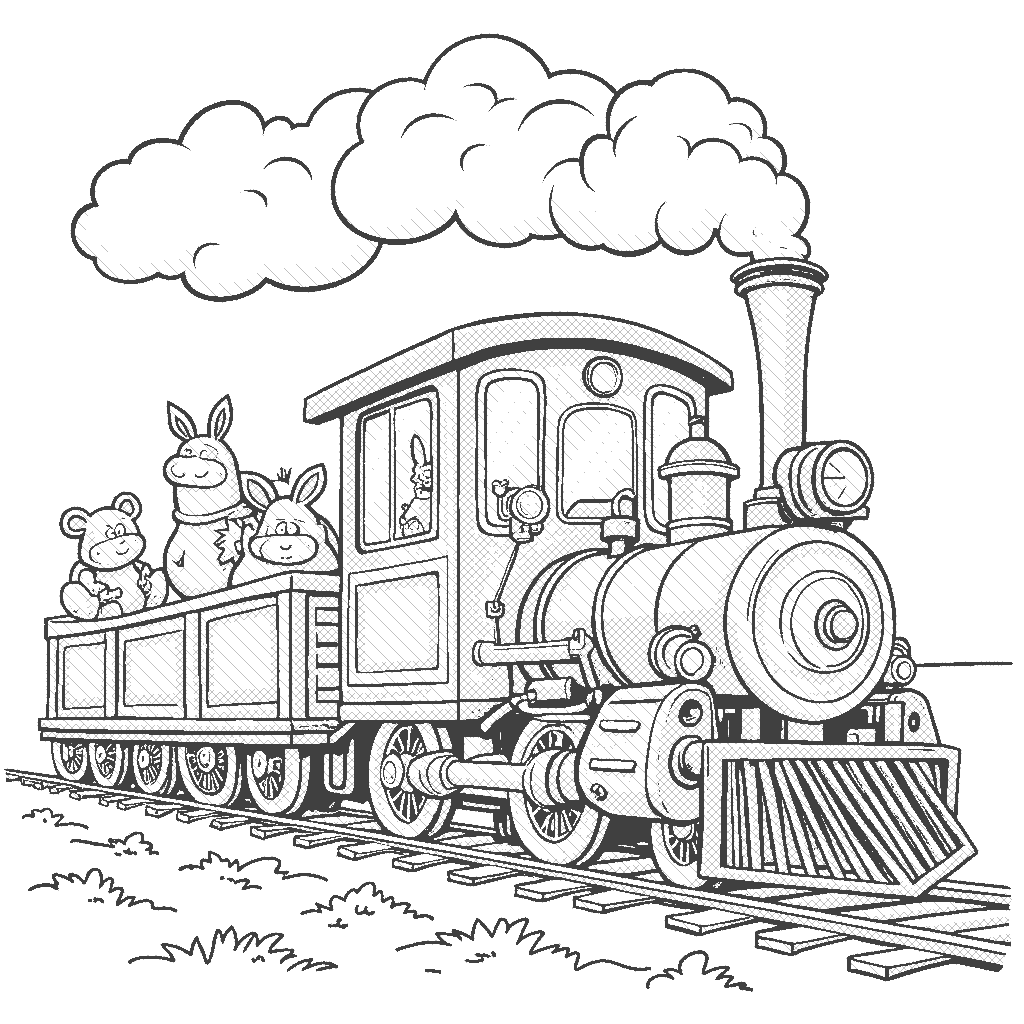 Coloring Page: Trainyard Adventure - A colorful freight train full of various animals, pulling in to a bustling train yard with kids waving from the platform.