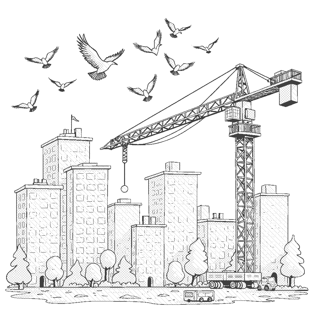 Coloring Page: Cranes in the Sky - A tall crane lifting beams to build a new building while a flock of birds flies overhead.