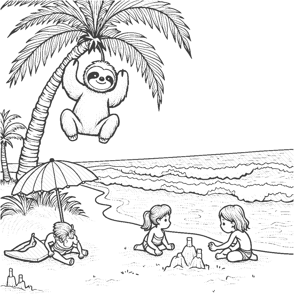 Coloring Page: Sloth's Lazy Day at the Beach - A relaxed sloth hanging from a palm tree over the sandy beach. There are children building sandcastles nearby, and the waves are gently crashing against the shore. A few colorful beach umbrellas are set up to provide shade.