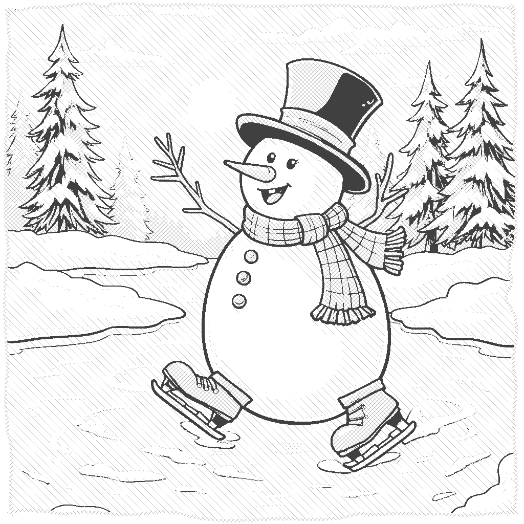 Coloring Page: Snowman on Ice Skates - A cheerful snowman wearing a bright red scarf and a black top hat is ice skating on a frozen lake. The ice is a shimmering blue, reflecting the clear sky above. Surrounding the lake are snow-covered pine trees dusted with sparkling white snow. The sun is setting, painting the sky with warm shades of orange and pink, creating a beautiful contrast against the cool blues of the ice and the white of the snow.