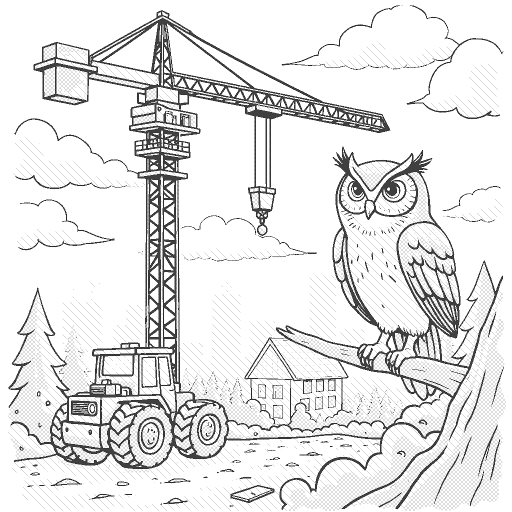 Coloring Page: Crane's High Reach - A tall crane is lifting a big steel beam high into the air at a construction site. Below, a wise old owl is perched on a nearby tree, observing the busy work happening below.