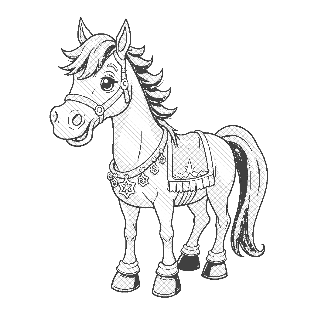 Coloring Page: Rockstar Horse - A flamboyant horse dressed as a rock star with a colorful mohawk and sunglasses, playing an electric guitar on stage surrounded by cheering fans.