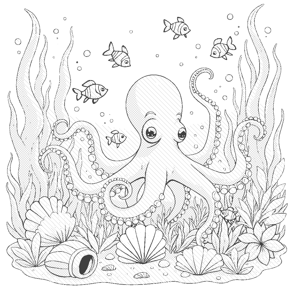 Coloring Page: Octopus Garden - An octopus is playfully rearranging seashells in its underwater garden, surrounded by tiny fish that watch in awe.