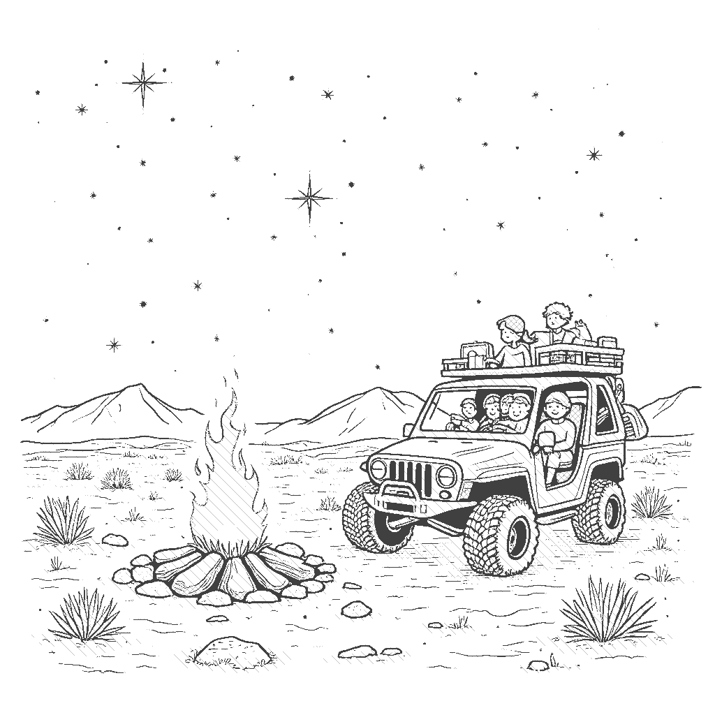 Coloring Page: Desert Buggy Camp - A desert buggy parked beside a campfire under a starlit sky. The buggy is equipped with camping gear, and a family is roasting marshmallows. The desert landscape is dotted with small hills and a few silhouettes of distant mountains.