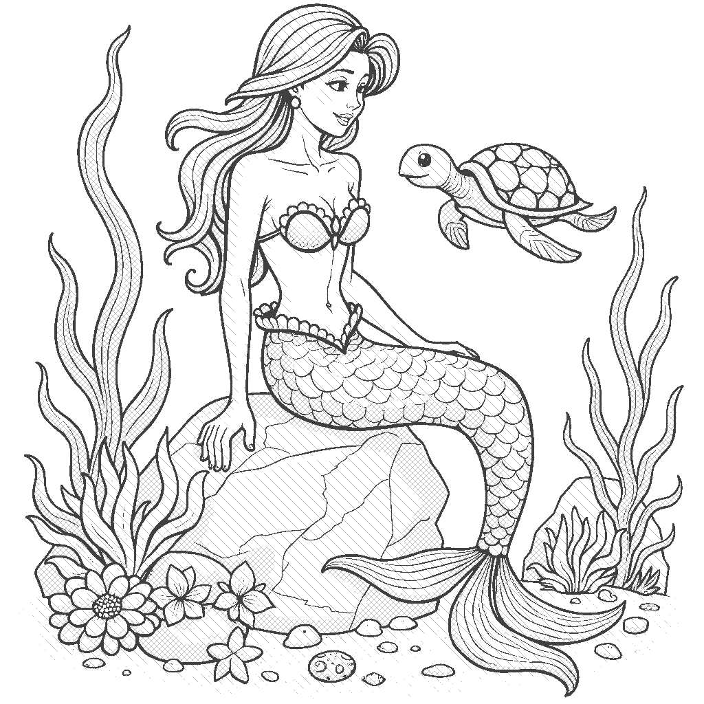 Coloring Page: Mermaid's Treasure - A beautiful mermaid sits on a rock, admiring her collection of shiny treasures from the ocean floor, as a friendly sea turtle swims by, sharing in her delight.