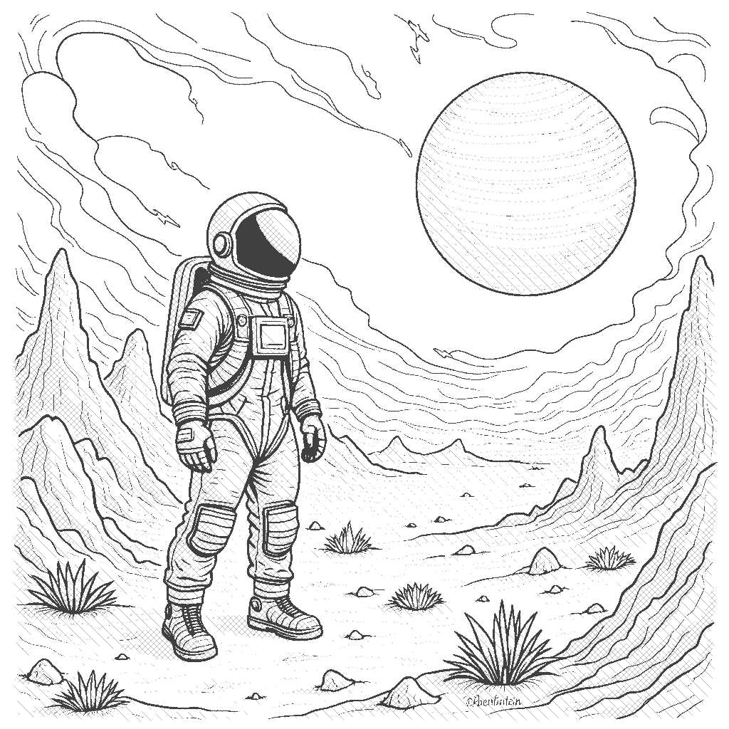 Coloring Page: Planetary Exploration - An astronaut stands on the surface of a mysterious planet, looking up at a giant gas giant in the sky. Around the astronaut, there are strange rock formations and swirling winds.