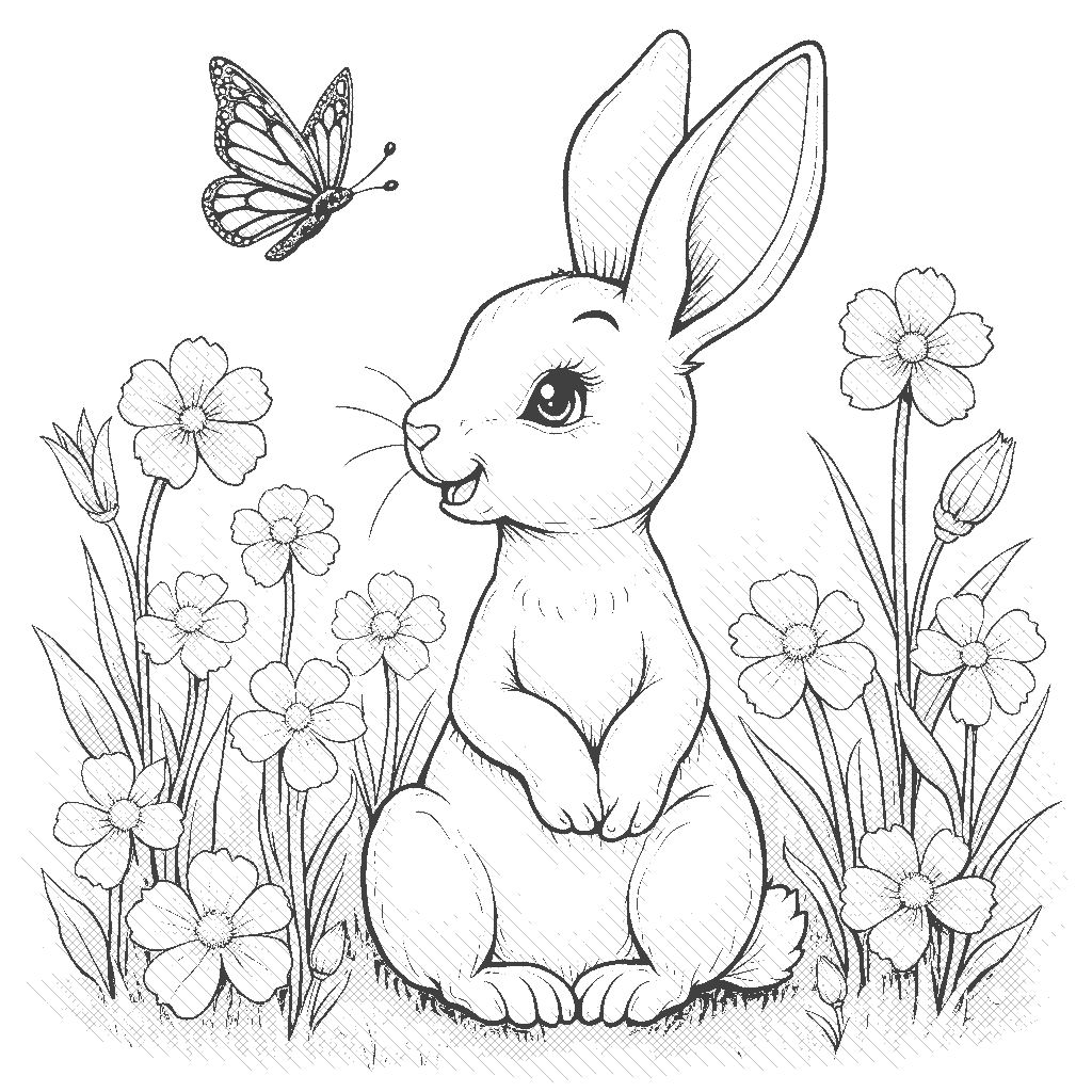 Coloring Page: Bunny in a Garden - A bunny is sitting in a colorful garden filled with flowers, looking curiously at a butterfly fluttering nearby.