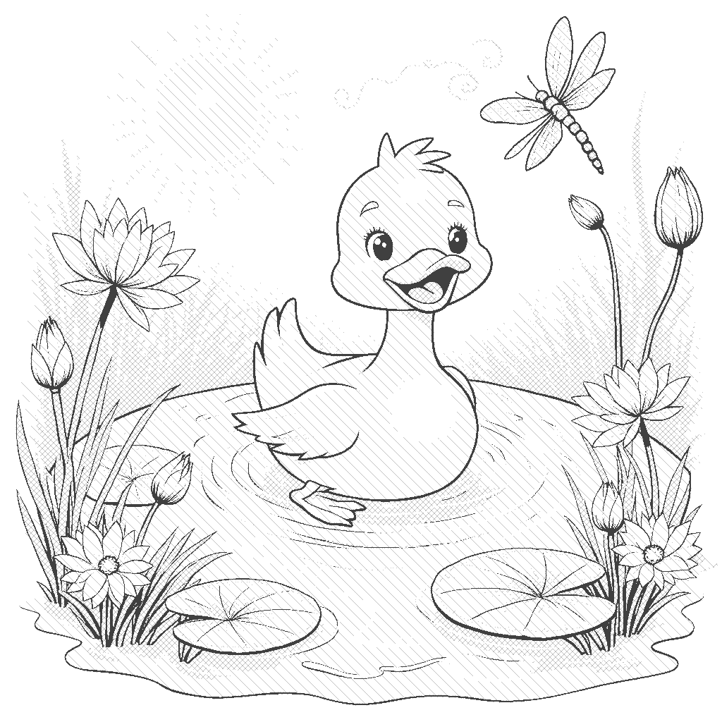 Coloring Page: Duck in a Pond - A happy duck paddles around in a serene pond, surrounded by lily pads and blooming flowers. Dragonflies flit above the water, and the sun casts a warm glow over the peaceful scene.