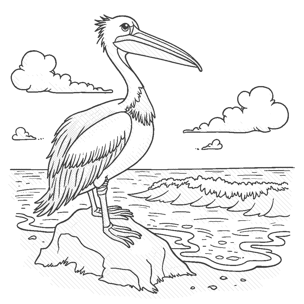 Coloring Page: Pelican by the Seaside - A pelican standing on a rock by the seaside, looking out at the waves crashing against the shore.