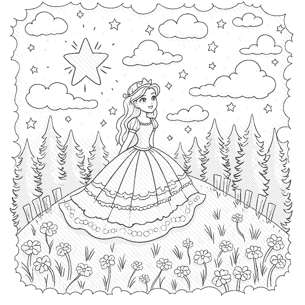 Coloring Page: Princess and the Starry Night - A dreamy princess sitting atop a hill under a night sky filled with twinkling stars and glowing moons, with a gentle breeze flowing through her long, flowing gown.