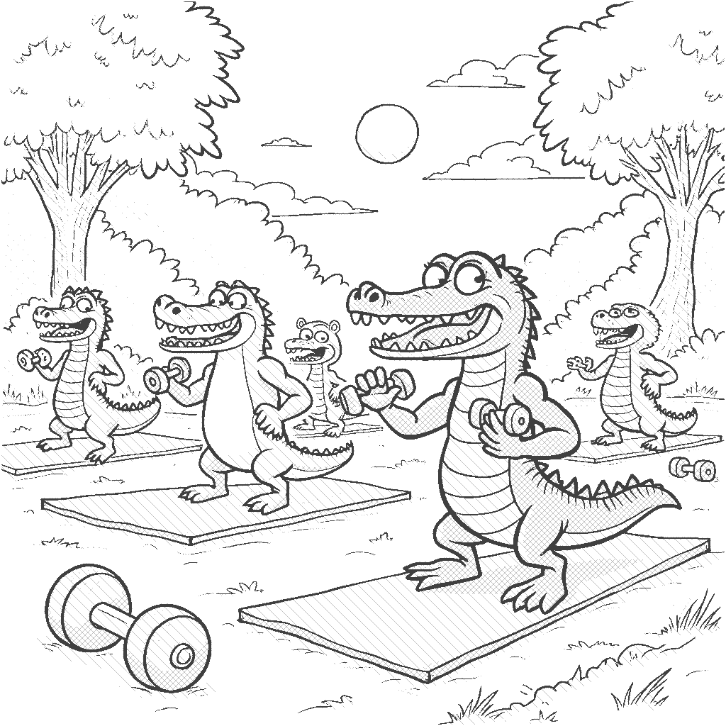 Coloring Page: Fitness Trainer at the Park - Depict a lively fitness trainer crocodile leading a group of animals in an outdoor workout session in the park, with exercise mats, dumbbells, and a sunny sky.