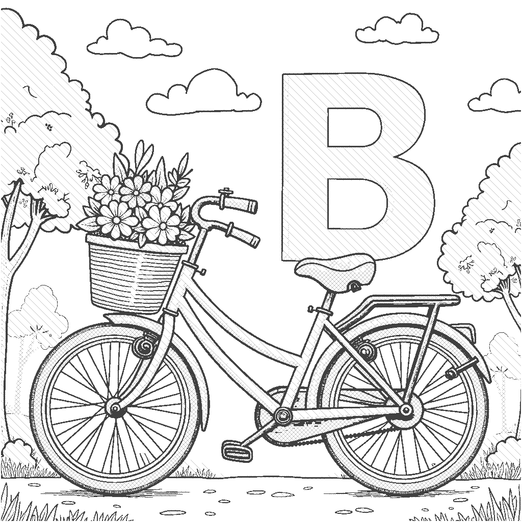 Coloring Page: Letter B and a Bicycle - A large, bold letter 'B' stands next to a shiny blue bicycle, with a basket filled with flowers. The scene is set in a park with a sunny sky and a few fluffy clouds.