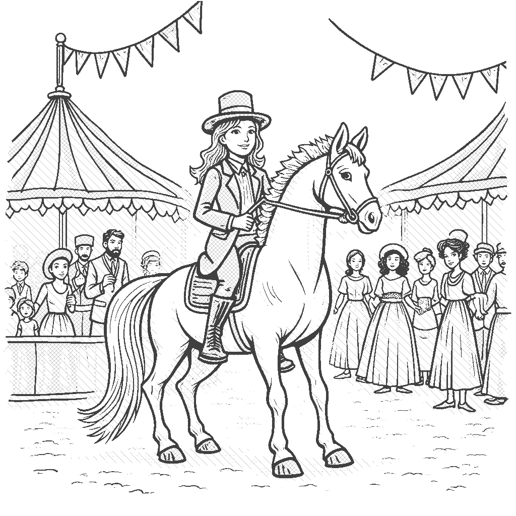 Coloring Page: Circus Horse Performer - A dazzling circus scene with a horse performing tricks, surrounded by colorful balloons, excited children, and a beautiful striped tent.