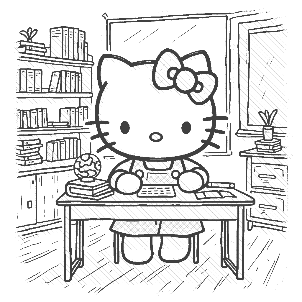 Coloring Page: Hello Kitty in the Classroom - Hello Kitty sitting at a colorful desk, surrounded by books and pencils, with a big bright chalkboard behind her filled with fun drawings and math equations.