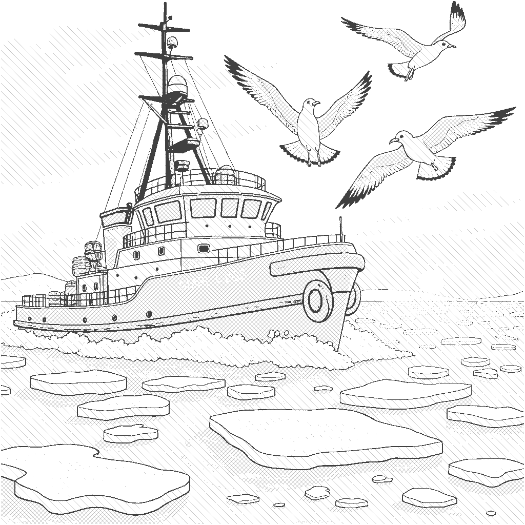 Coloring Page: Icebreaker Journey - An icebreaker ship navigating through thick ice, with a group of seagulls flying overhead. The sun is setting in the background, casting a golden glow.