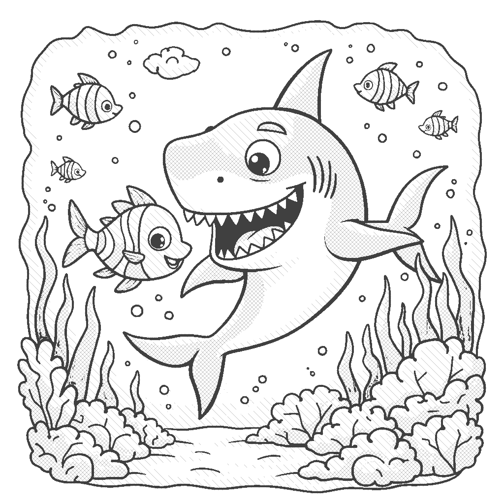 Coloring Page: Shark Encounter - A brave little fish swims close to a big, friendly shark who is showing off his shiny teeth, surrounded by colorful coral reefs.