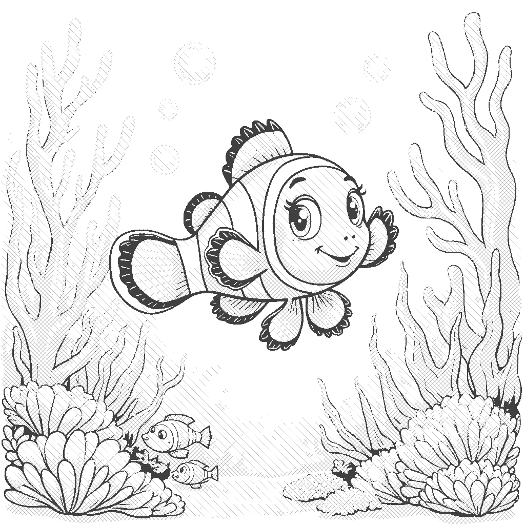 Coloring Page: Clownfish in a Coral Kingdom - A cheerful clownfish swims through a vibrant coral reef, surrounded by colorful corals and schools of little fish. The clownfish is curiously observing its underwater home while bubbles float around it, creating a whimsical underwater scene.