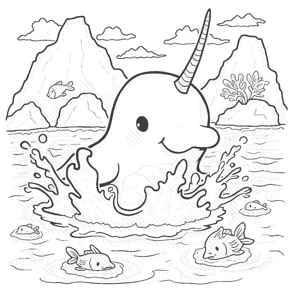 Coloring Page: Narwhal's Arctic Splash - A friendly narwhal is splashing playfully in icy waters amidst icebergs and polar wildlife, with seals and fish joining in the fun.