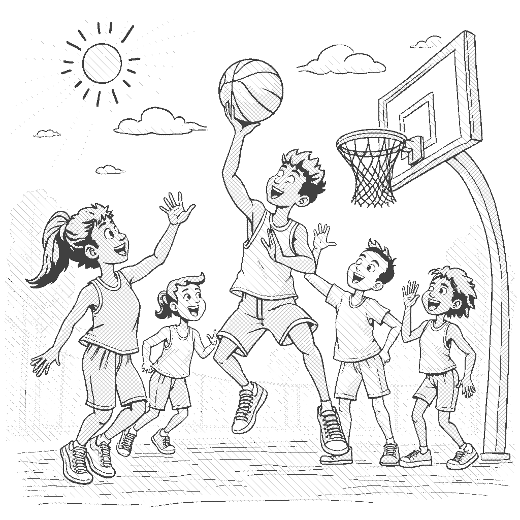 Coloring Page: Basketball Player's Big Game - A confident basketball player shooting a hoop in a colorful playground with cheering friends around. The sun is shining, and there's a fun competition vibe in the air.