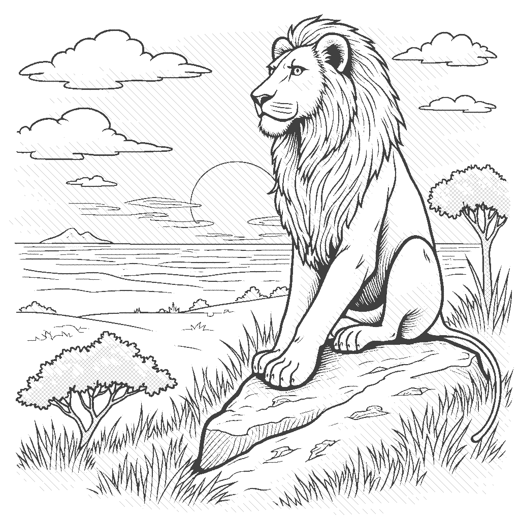 Coloring Page: Lion's Roar - A majestic lion sitting on a rock, surveying the savanna as the sun sets behind him. A few scattered trees and grass are in the foreground, capturing the essence of the wild.